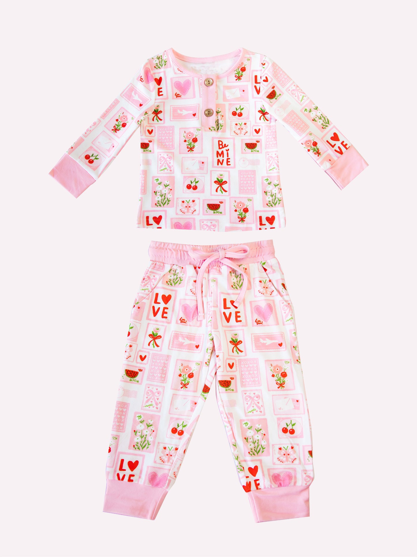 pink love pattern print girls long sleeve valentine set