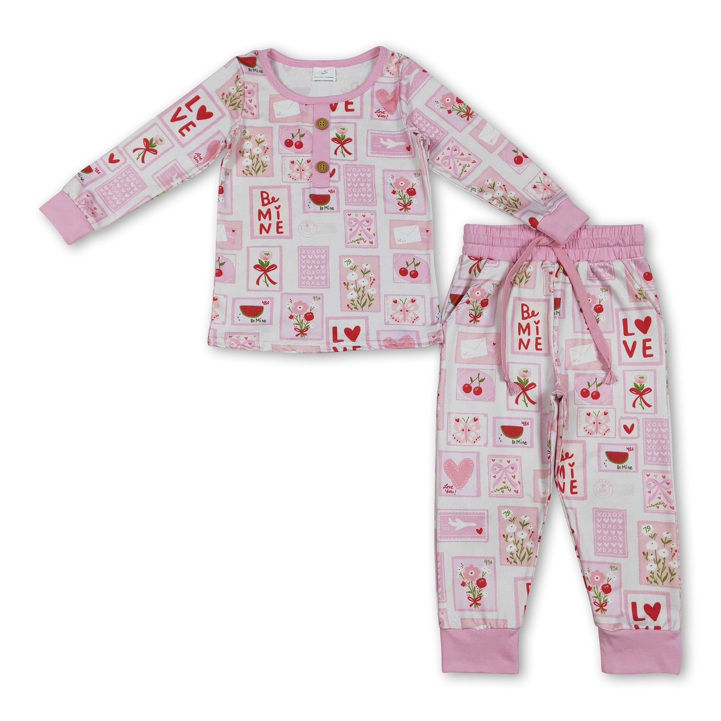 pink love pattern print girls long sleeve valentine set