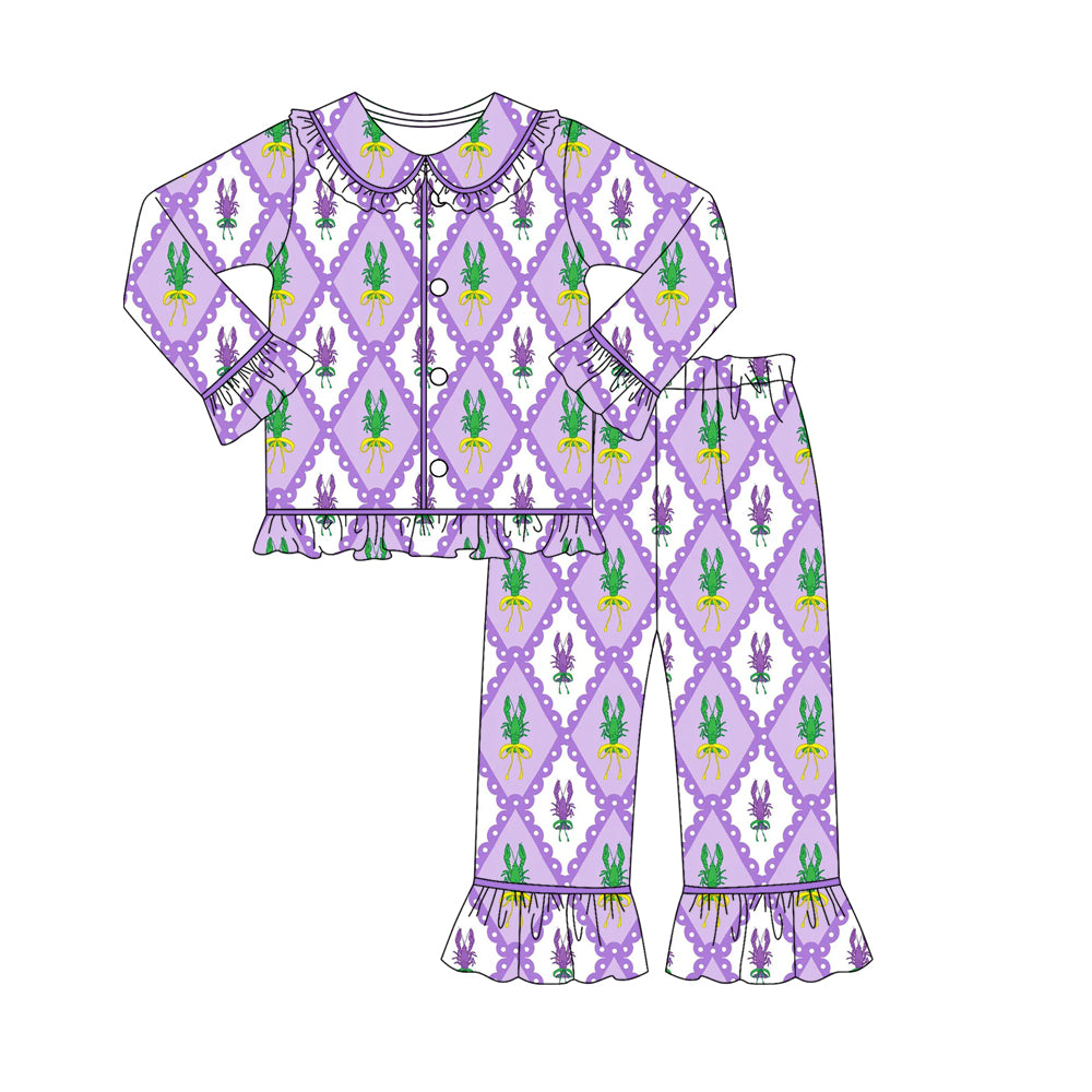 purple yellow green crab print girls long sleeve mardi gras set