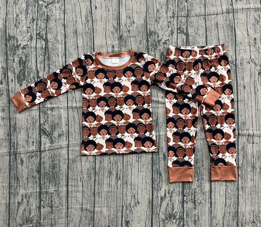 brown pattern print girls long sleeve pajamas