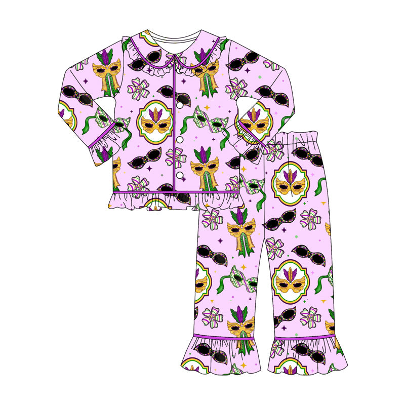 purple mask print girls long sleeve mardi gras set