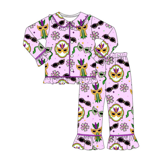 purple mask print girls long sleeve mardi gras set