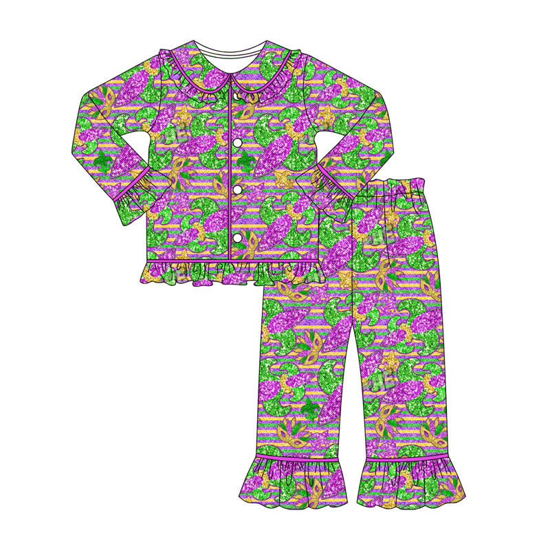 purple yellow green pattern print girls long sleeve mardi gras set