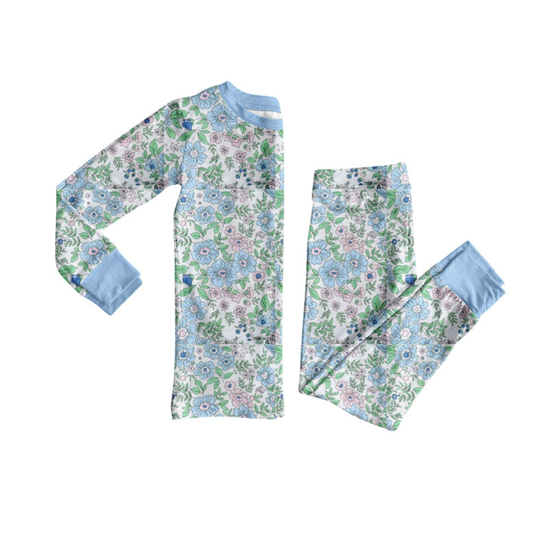 blue flowers girl long sleeve pajamas set