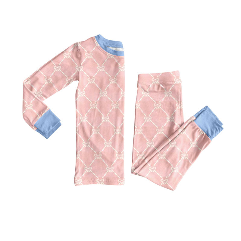 pink bows girl long sleeve pajamas set