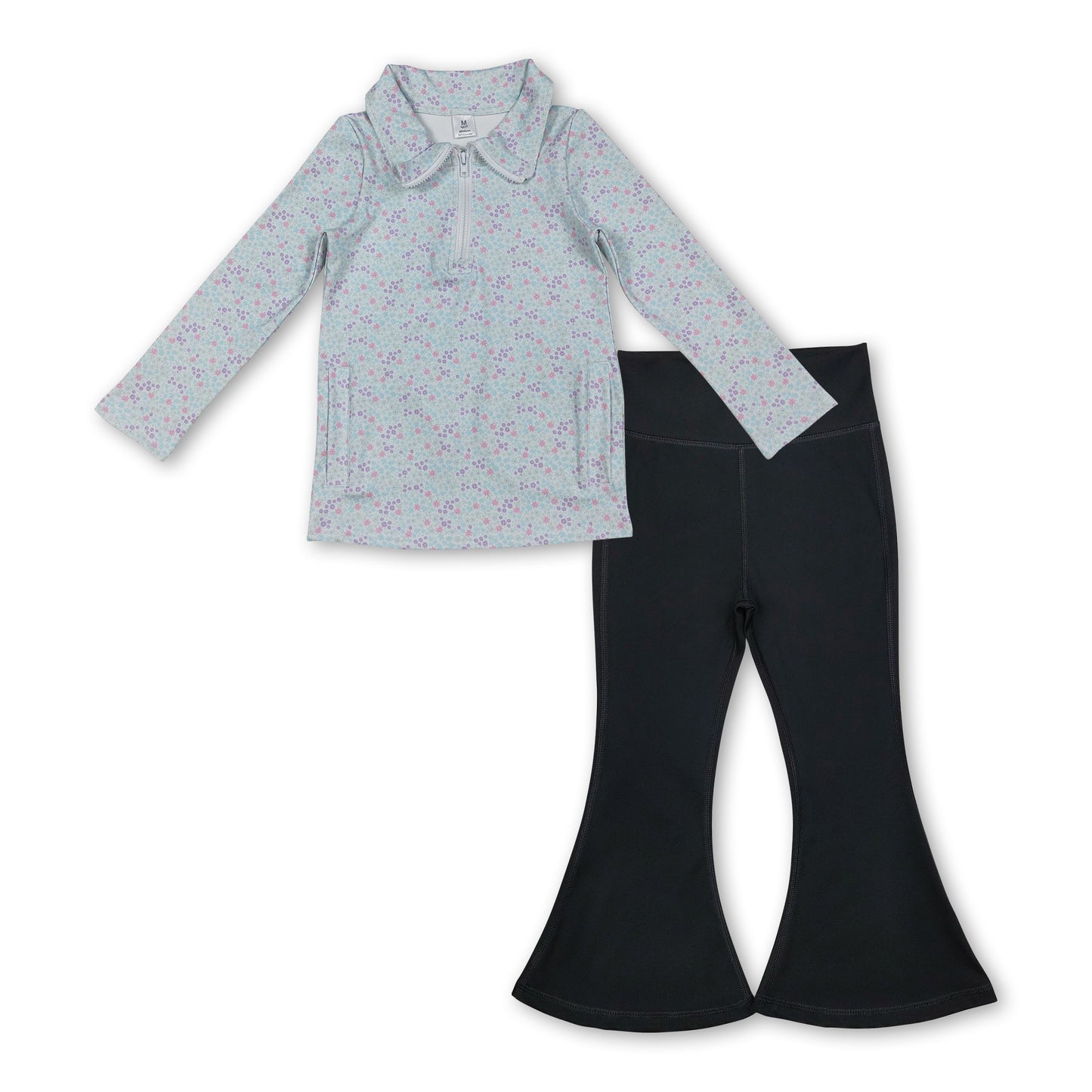 blue flowers zipper pullover match black pant girls pocket yoga set