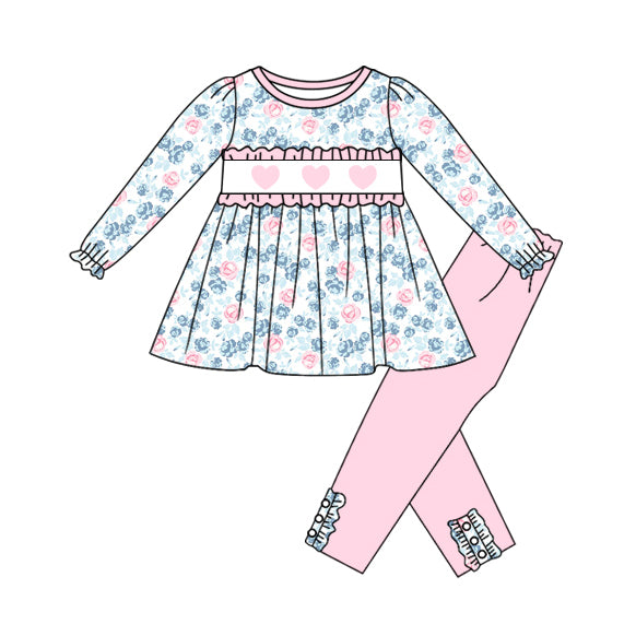 blue flowers pink heart print girl long sleeve set