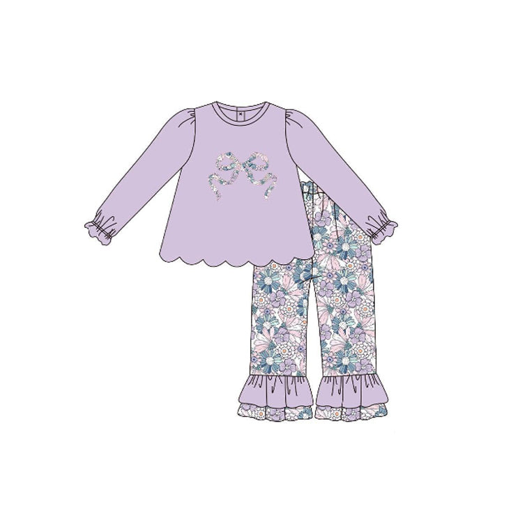 Long sleeves lavender floral bow top ruffle pants girls clothes