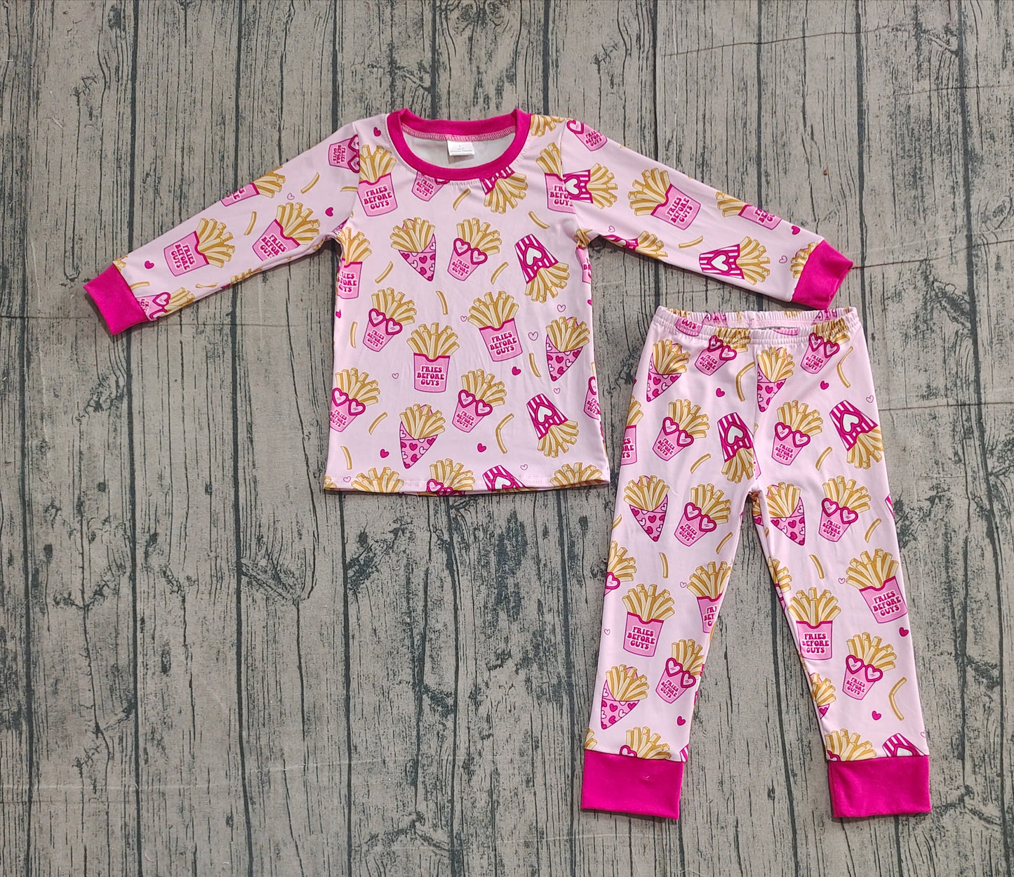 Heart fries long sleeves top pants kids girls Valentine's pajamas