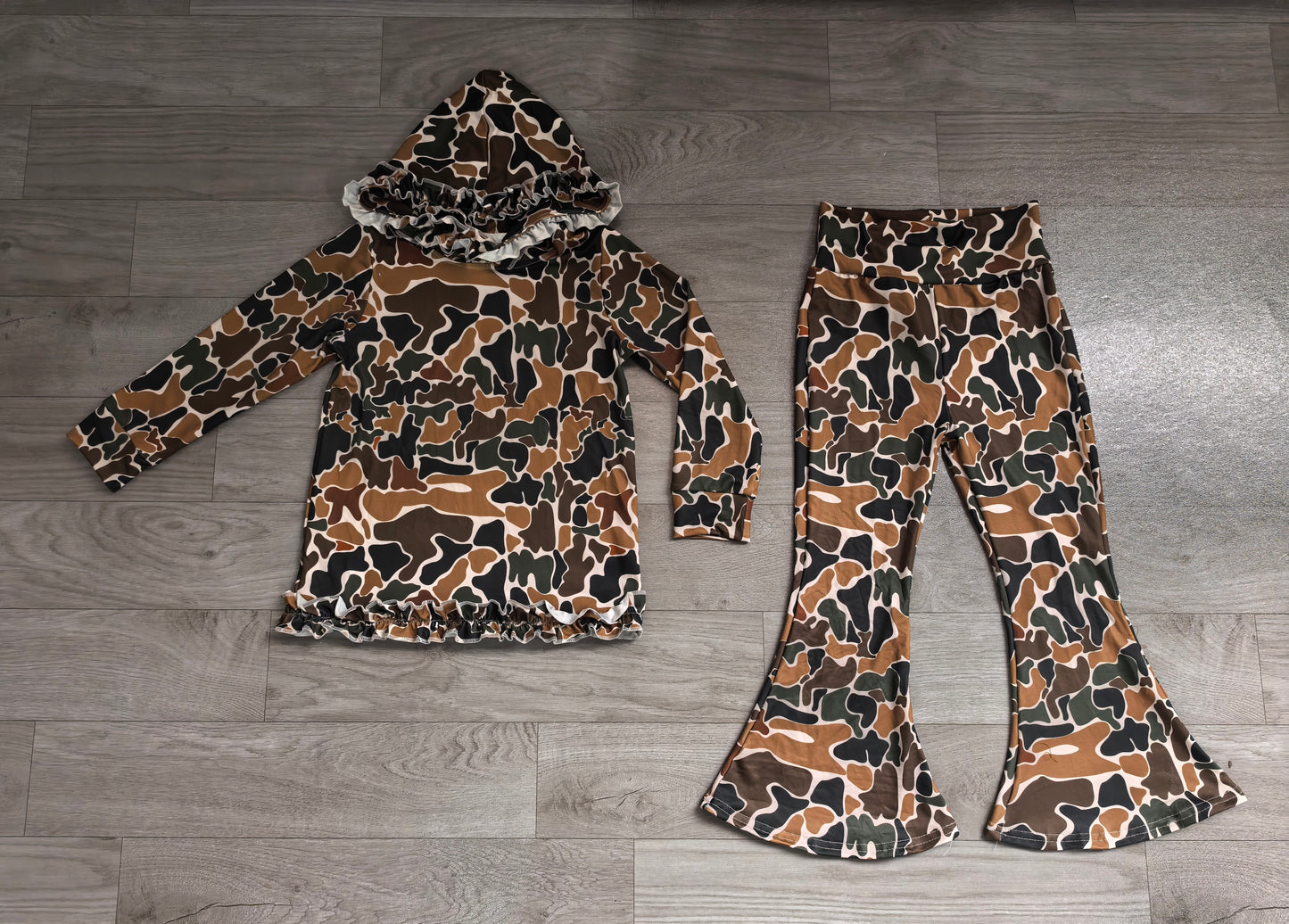 Long sleeves brown camo hoodie pants girls outfits