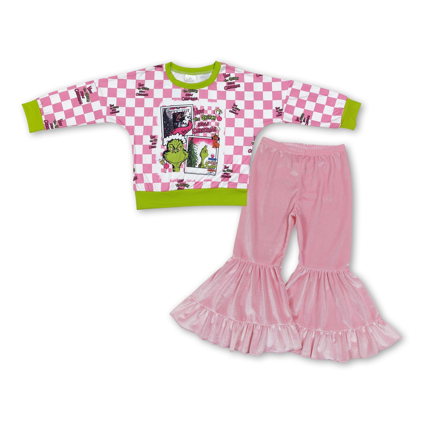 Plaid green face top pink velvet pants girls Christmas outfits