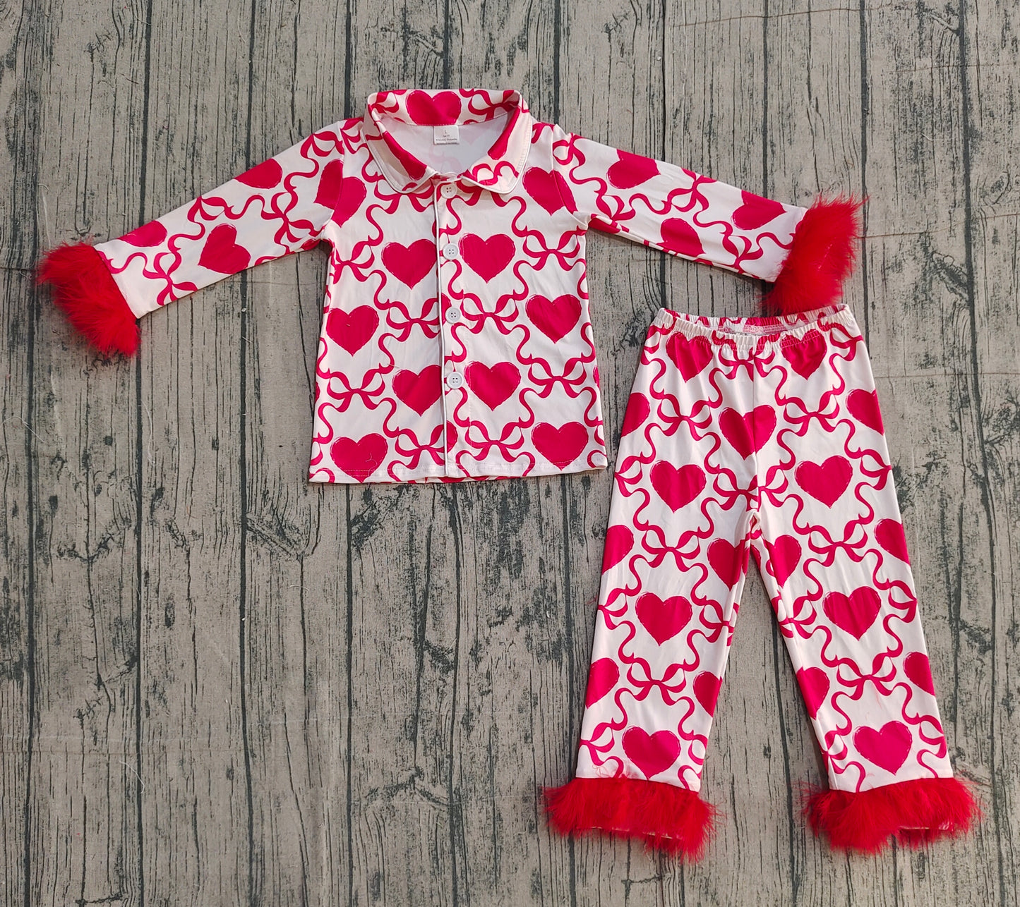 Red fur sleeves heart bow girls Valentine's pajamas
