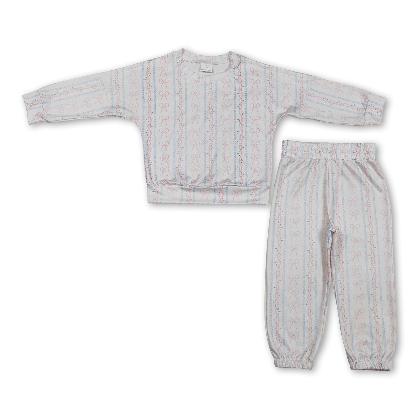 Long sleeves pink bow floral top pants kids girls outfits