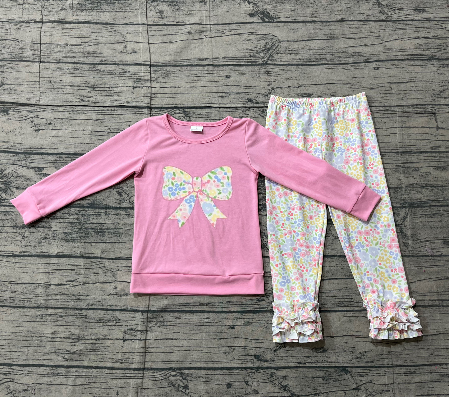 Pink long sleeves floral bow top leggings girls clothing set