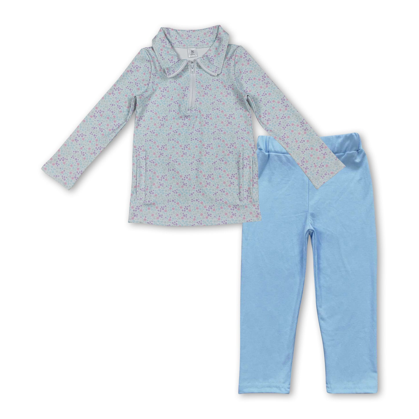 Floral active pullover light blue cotton leggings girls set