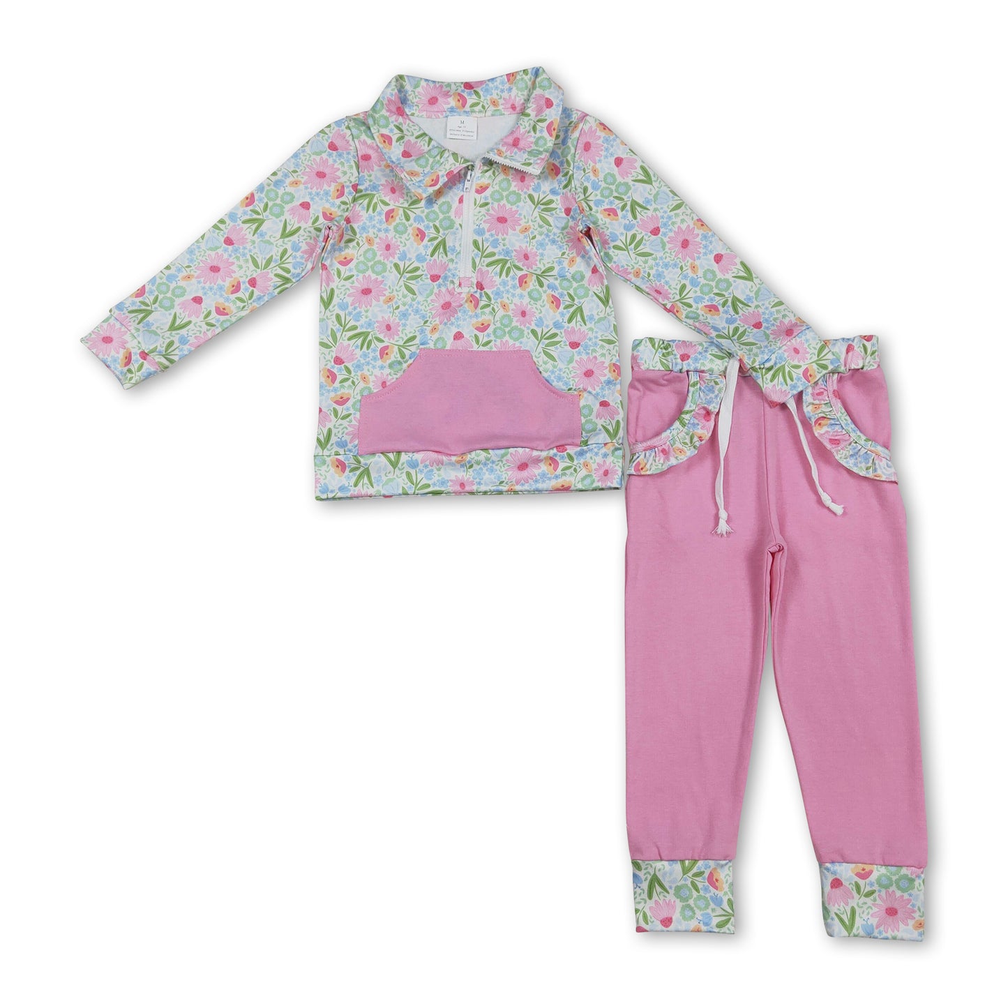Floral pullover pockets ruffle pants kids girls outfits