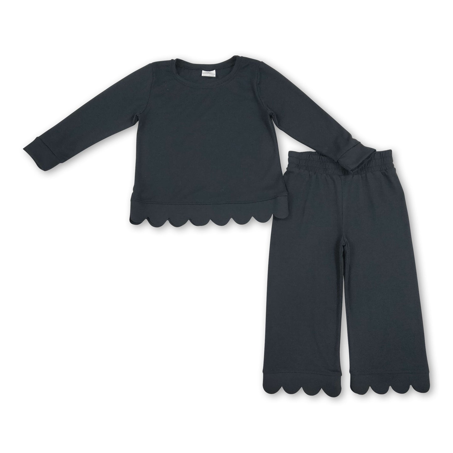 Black cotton long sleeves scallop girls fall pajamas set