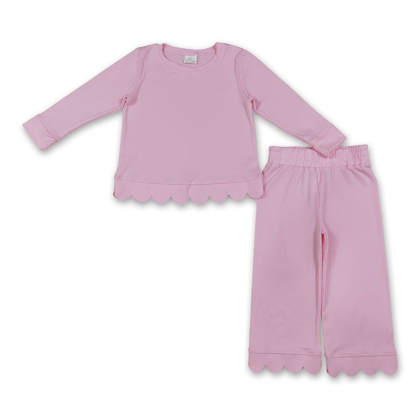 Pink cotton long sleeves scallop girls pajamas set