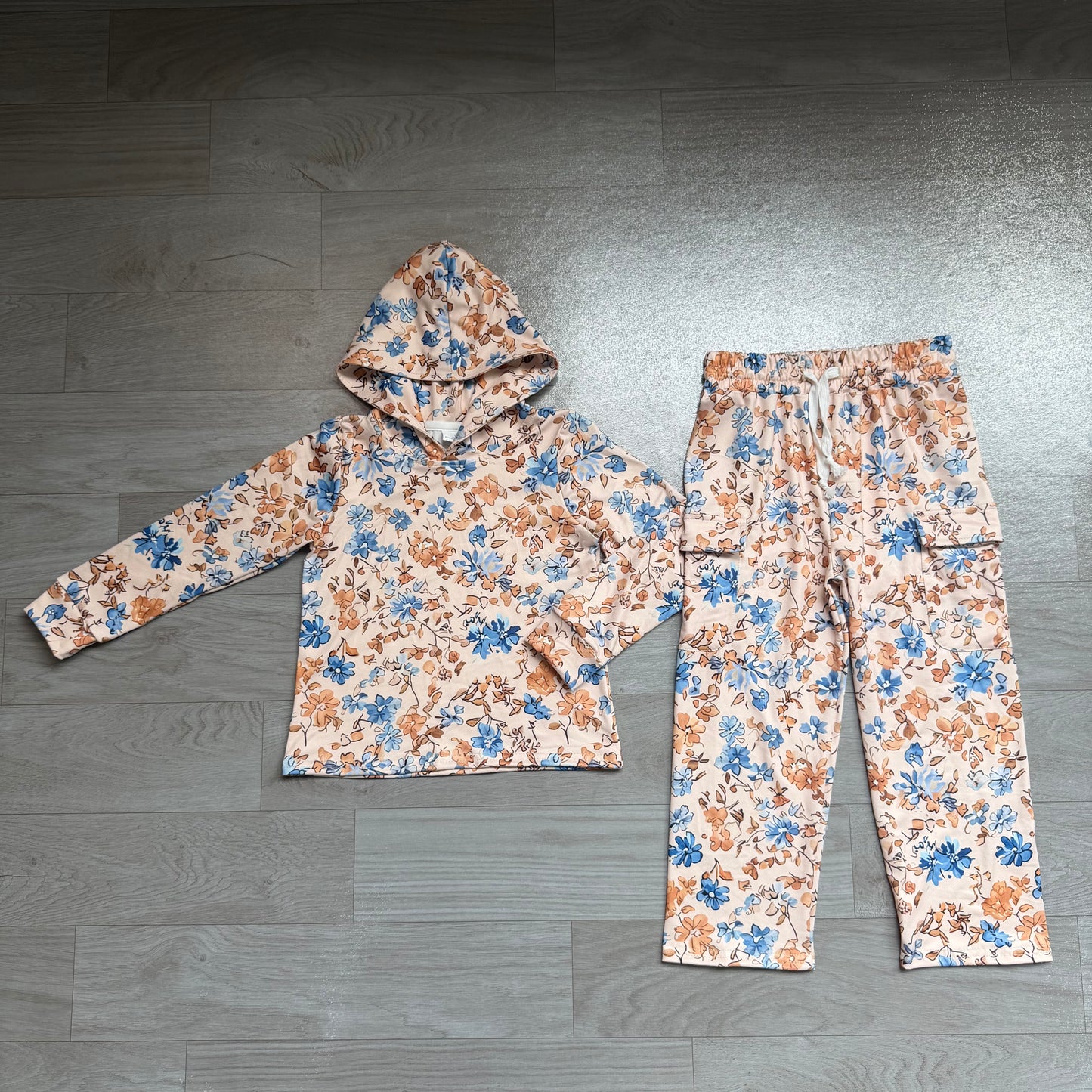 Long sleeves blue floral hoodie pants kids girls outfits