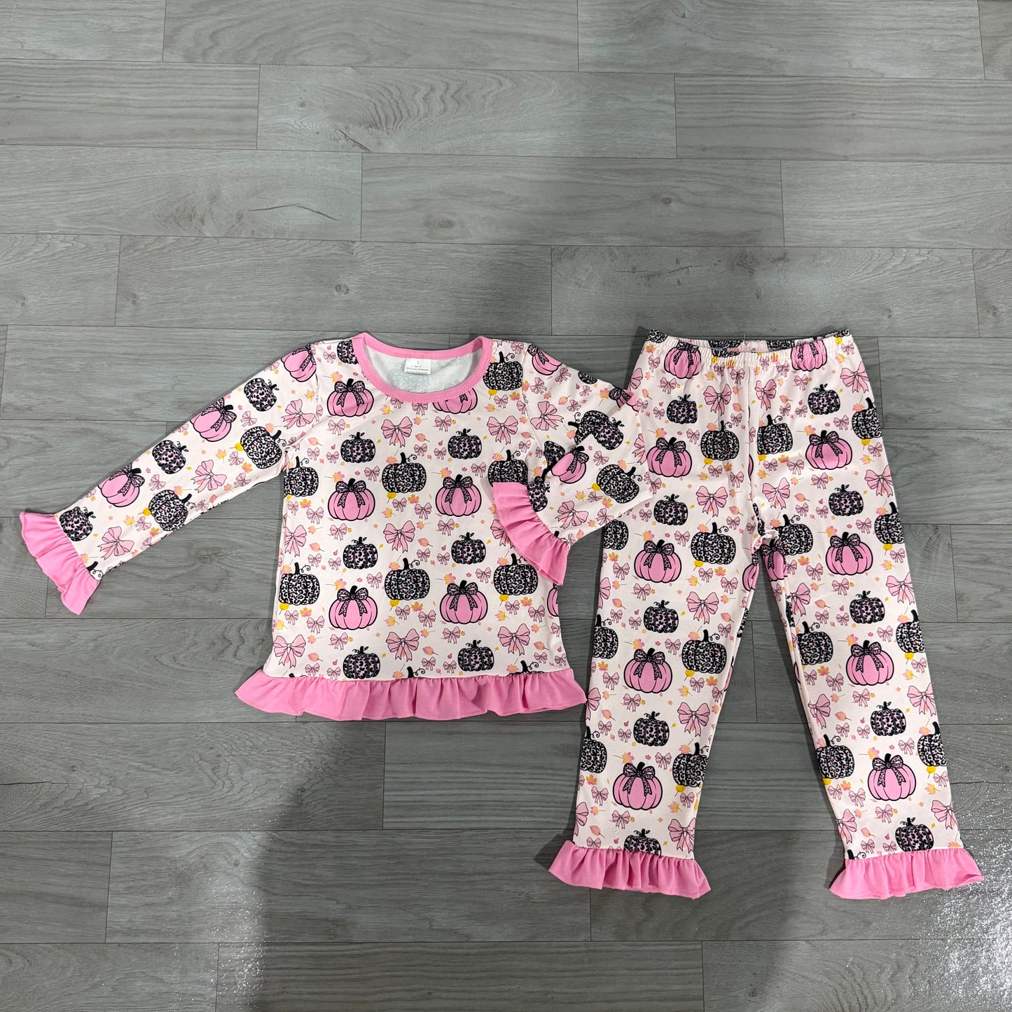 Pink ruffle bow pumpkin kids girls fall pajamas set