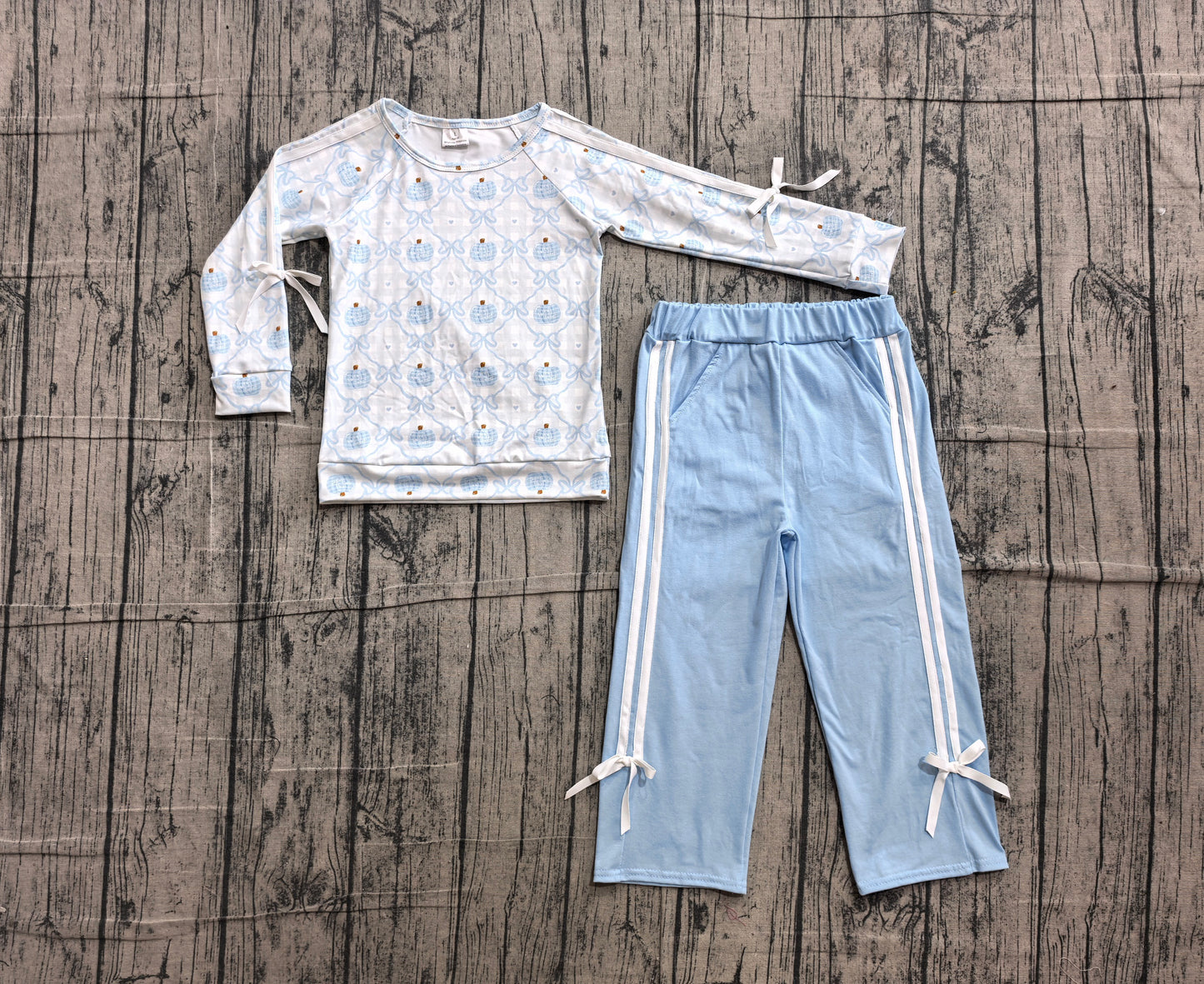 Light blue pumpkin bow top cotton pants girls fall outfit