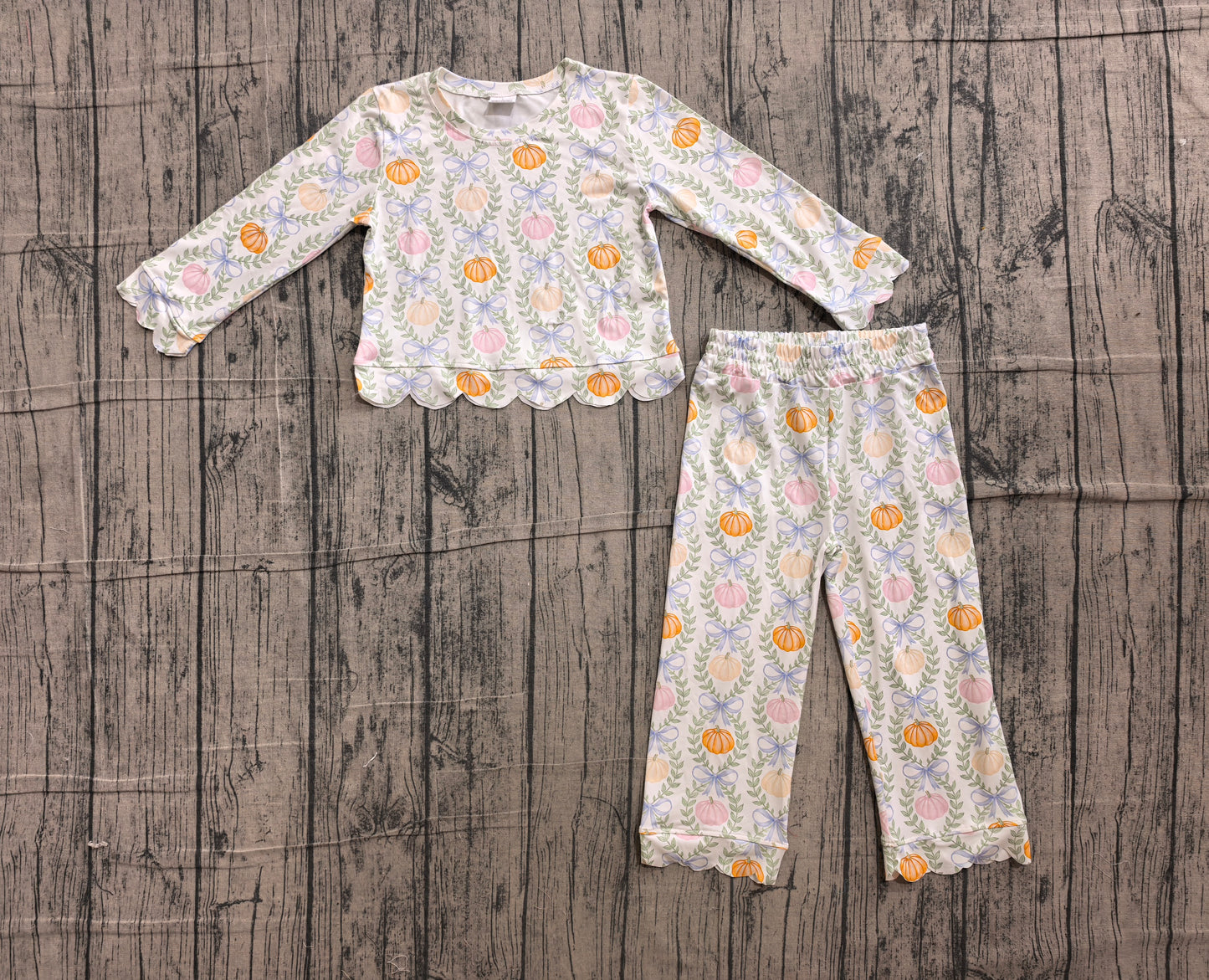 Long sleeves pumpkin floral bow scallop girls fall outfit