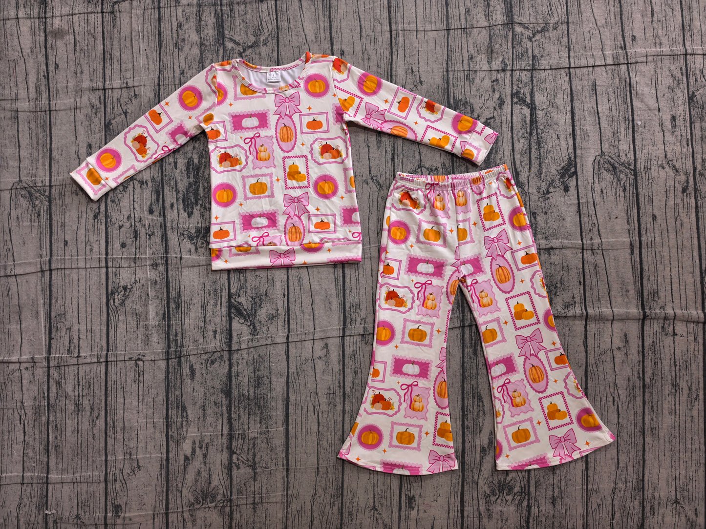 Pink bow pumpkin top pants girls fall clothing set