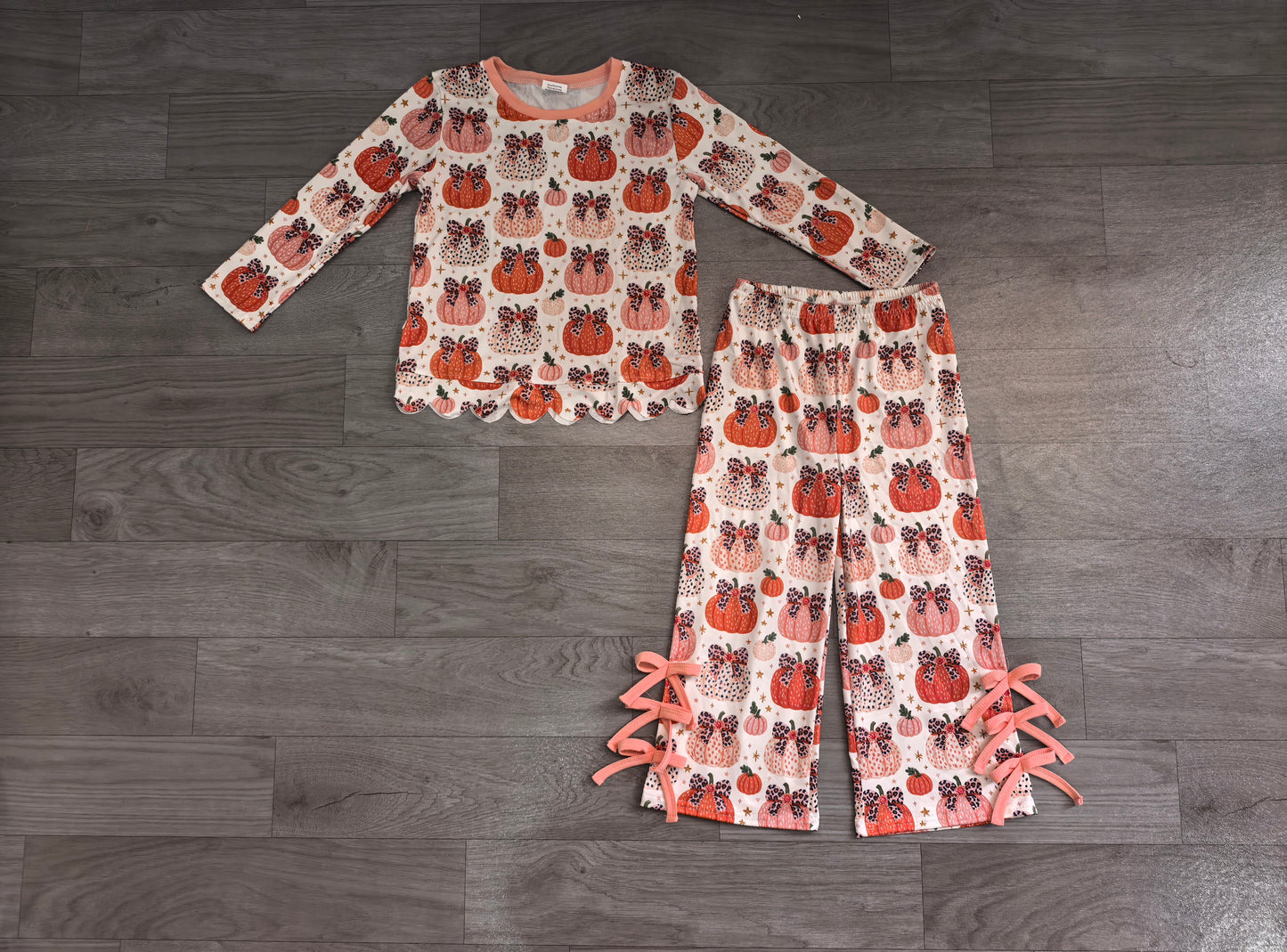 Leopard pumpkin bow scallop top pants girls fall outfits