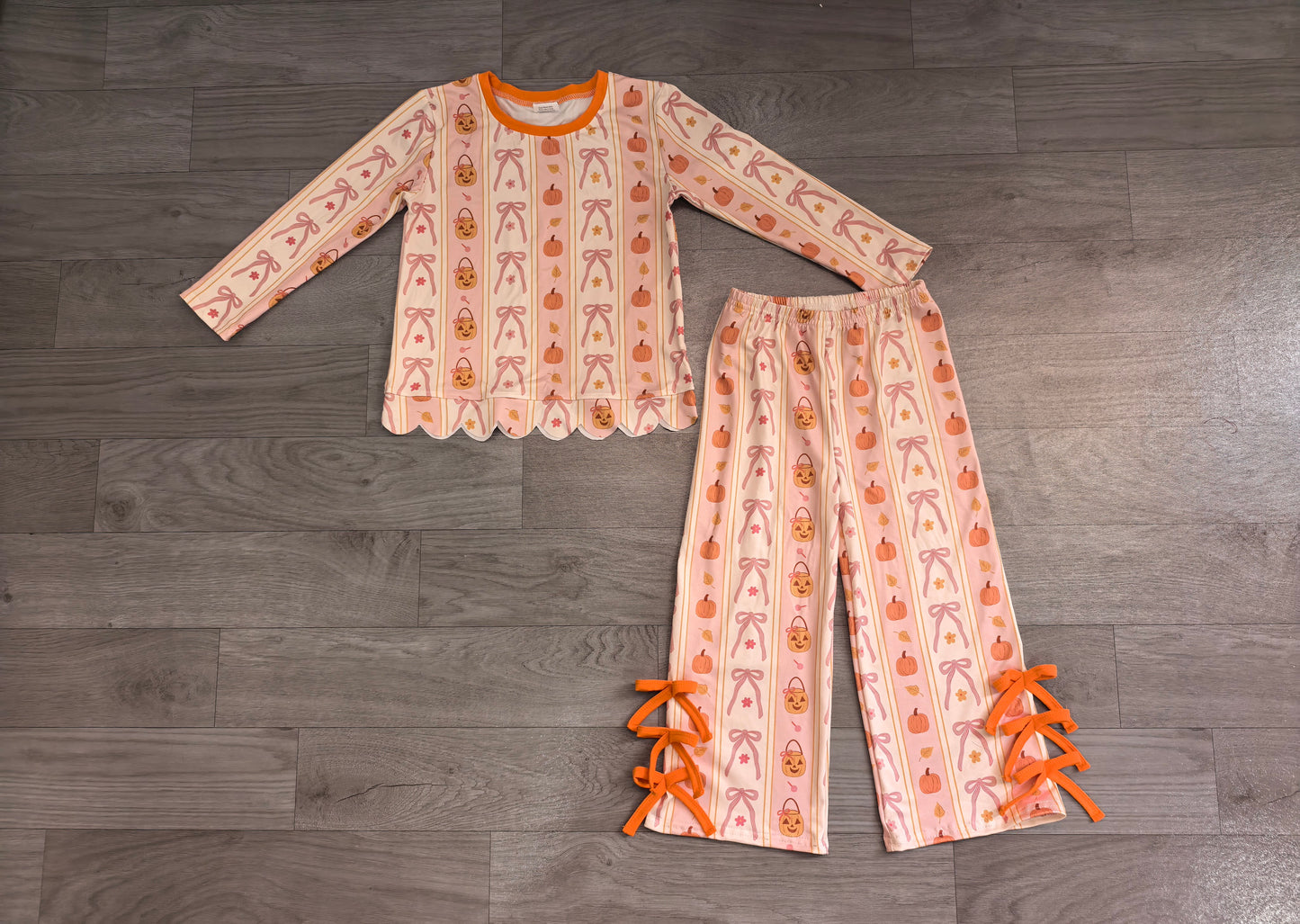 Long sleeves pumpkin basket bow scallop girls Halloween set