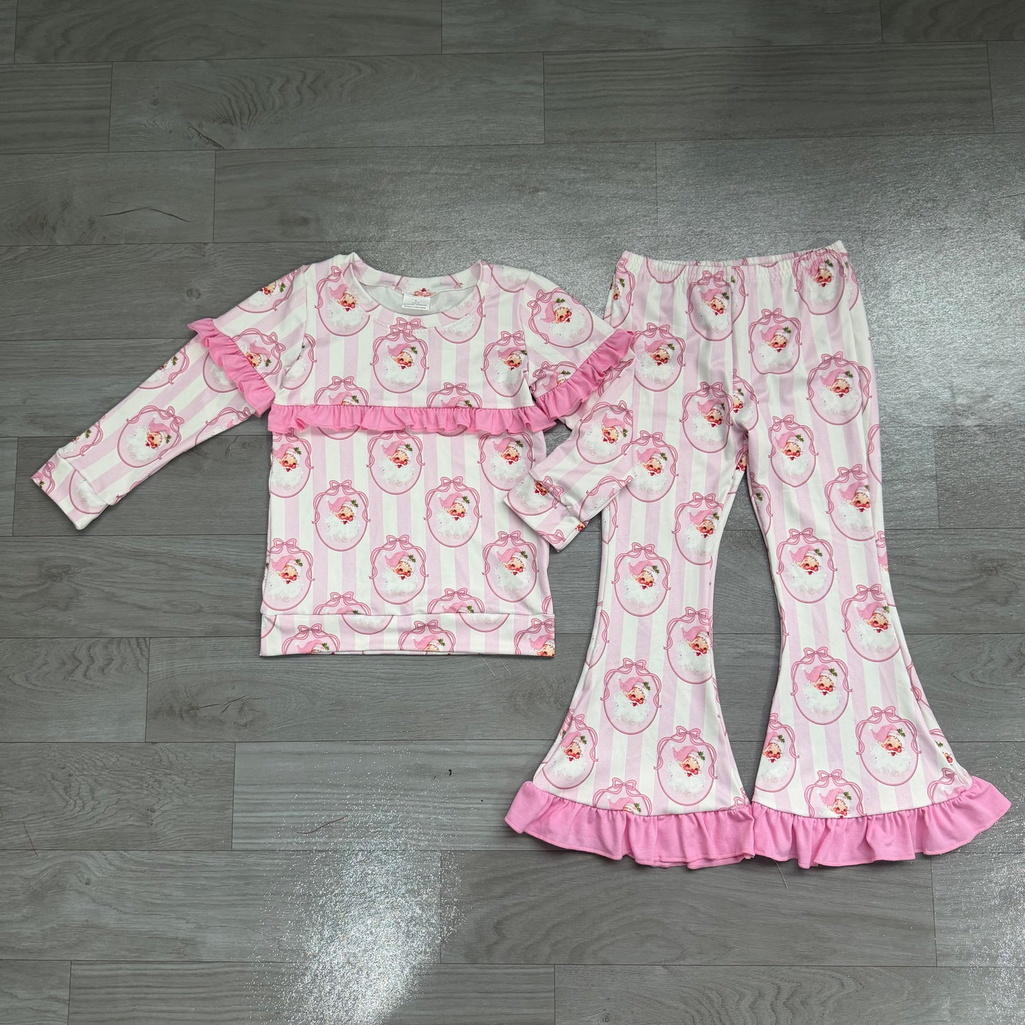 Pink ruffle stripe santa bow kids girls Christmas outfits