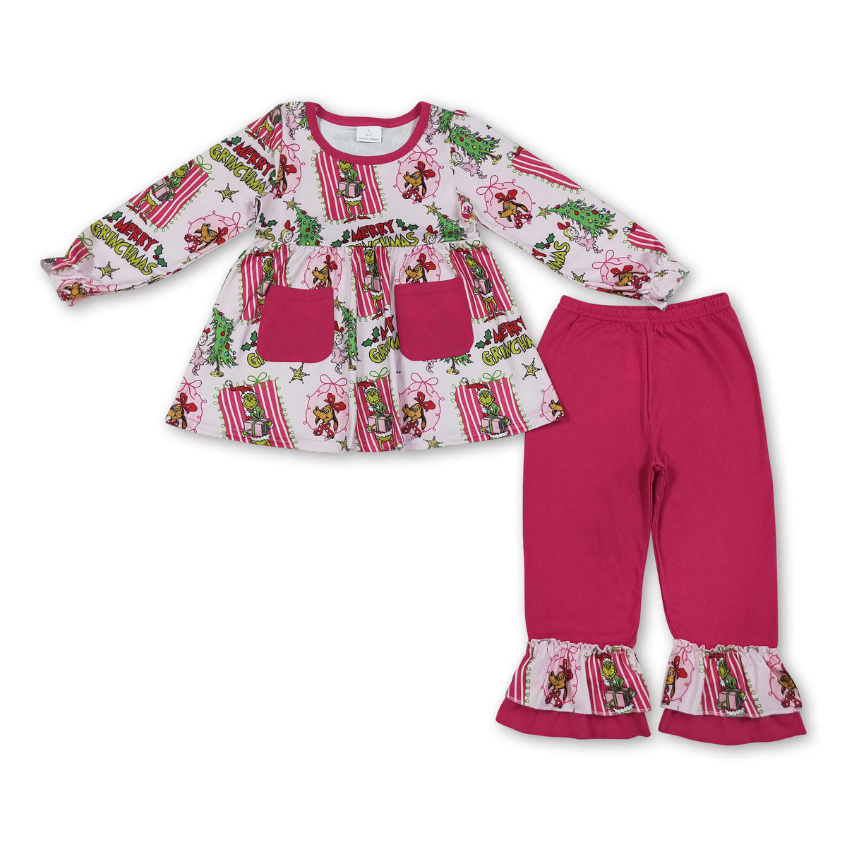 Green face bow tunic hot pink pants girls Christmas outfit