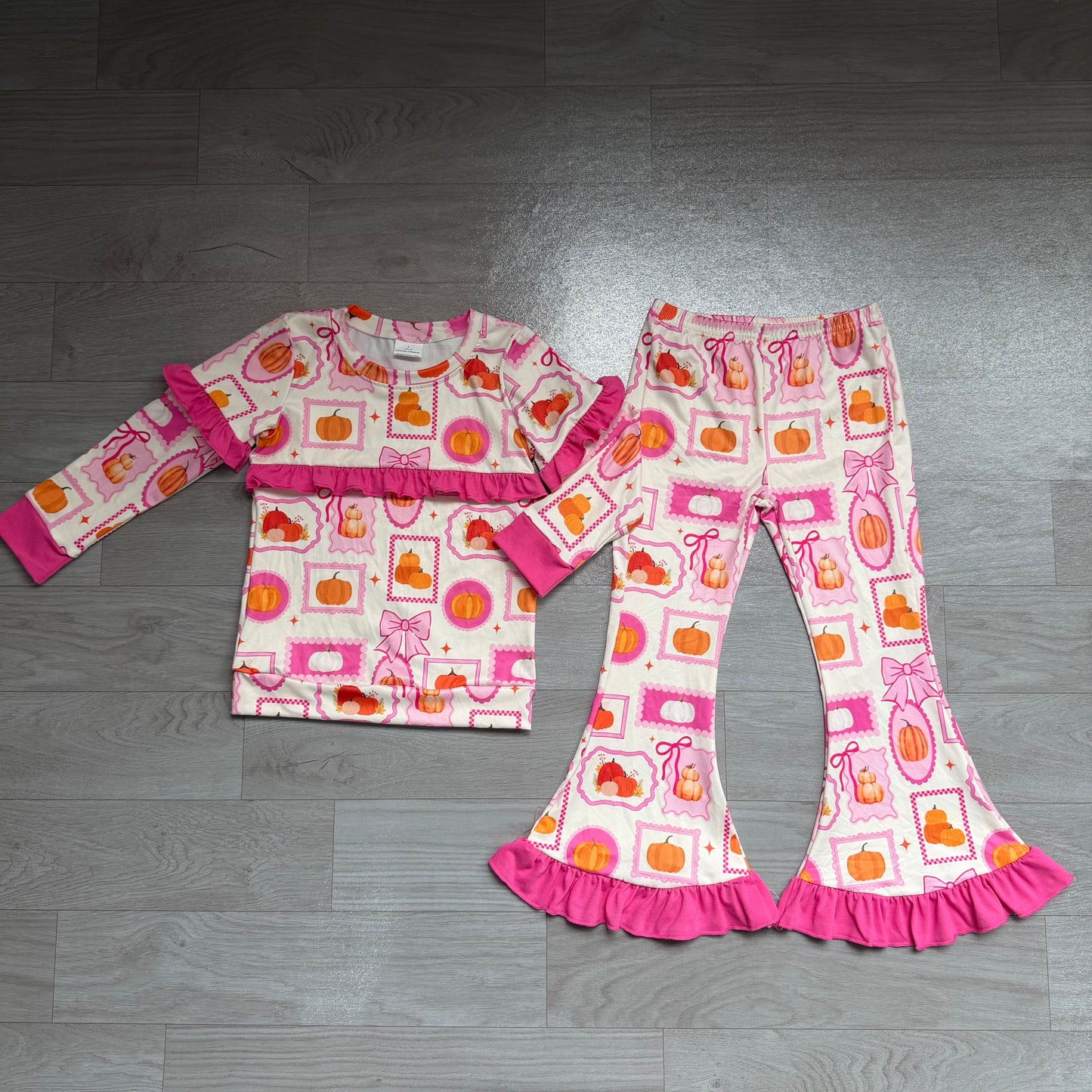 Hot pink ruffle pumpkin bow top pants girls fall outfits