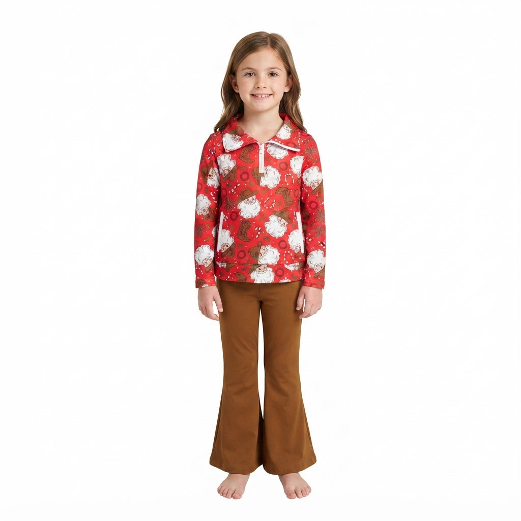 Santa boots pullover brown pants girls Christmas set