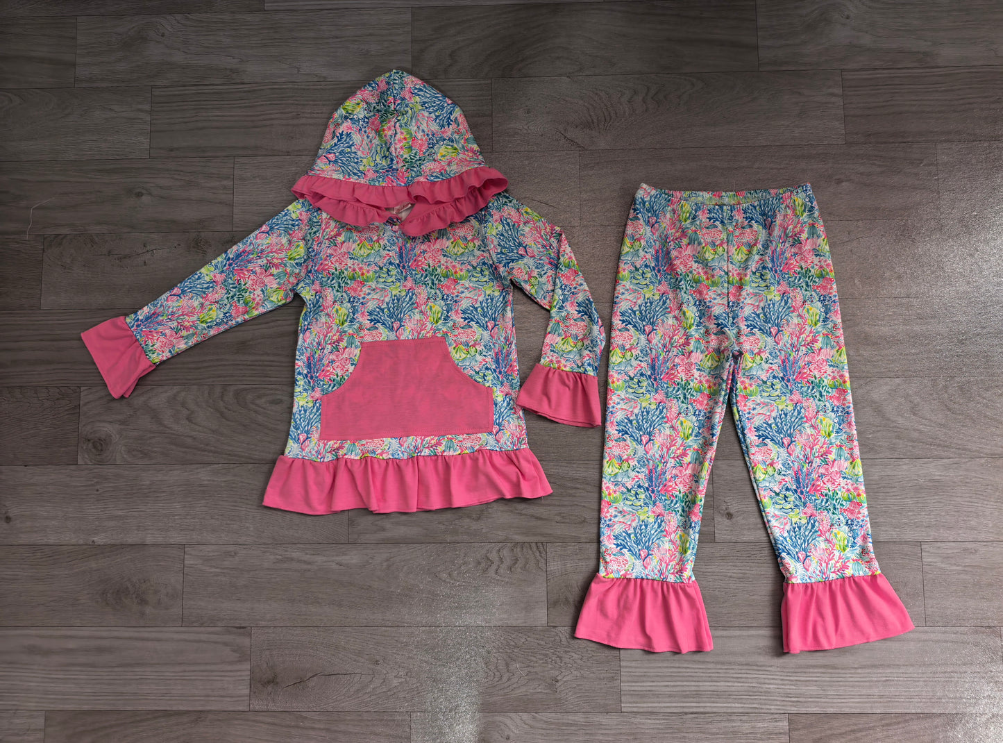 Long sleeves hot pink ruffle coral hoodie pants kids girls outfits