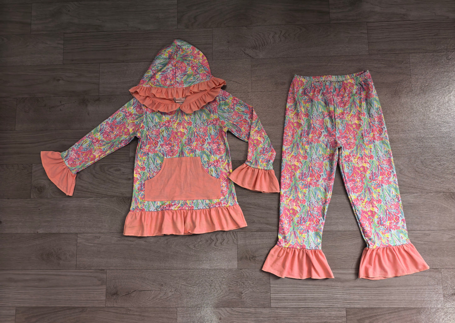 Long sleeves peach ruffle coral hoodie pants kids girls outfits