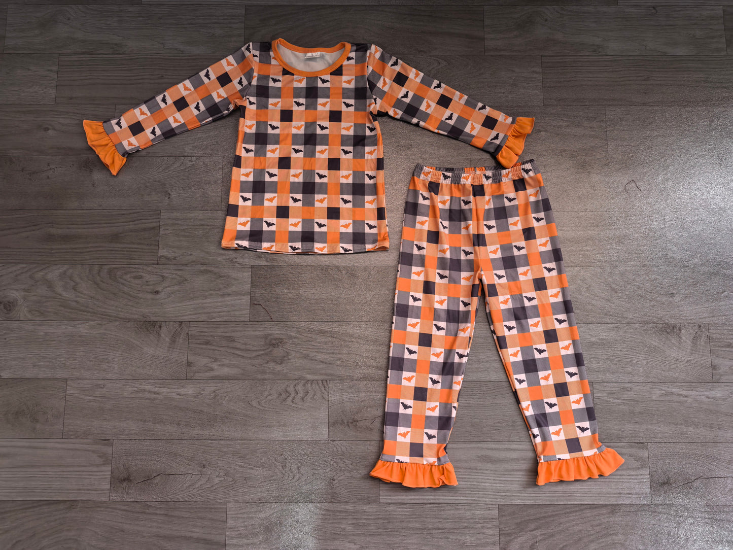 Long sleeves ruffle plaid bat kids girls Halloween pajamas