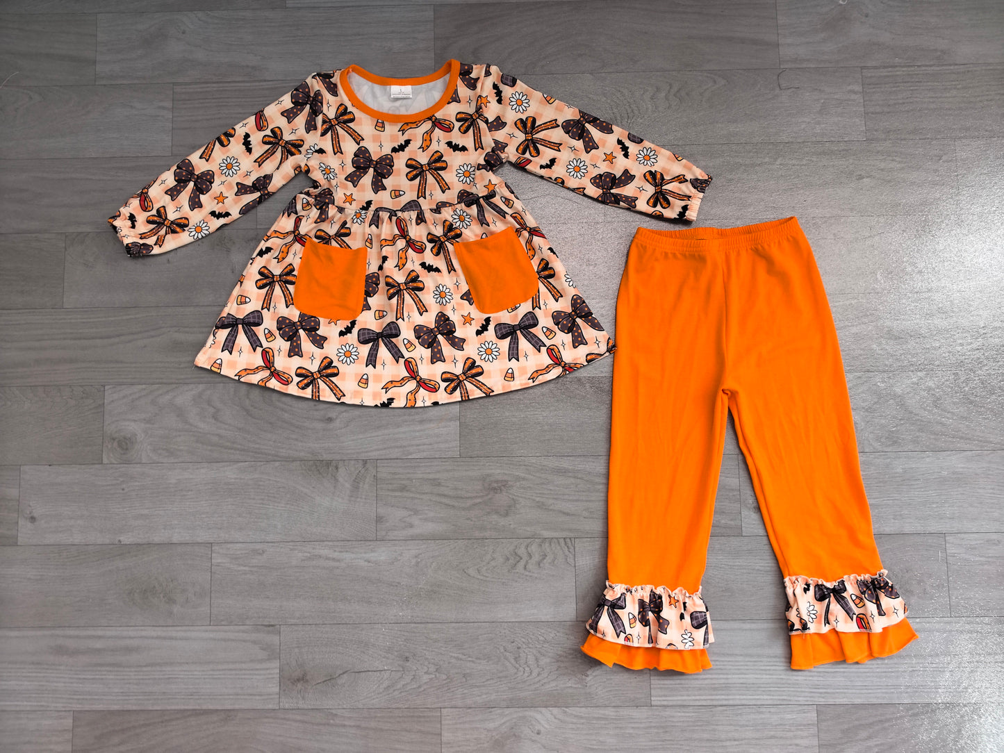 Plaid bow candy corn tunic pants girls Halloween outfit
