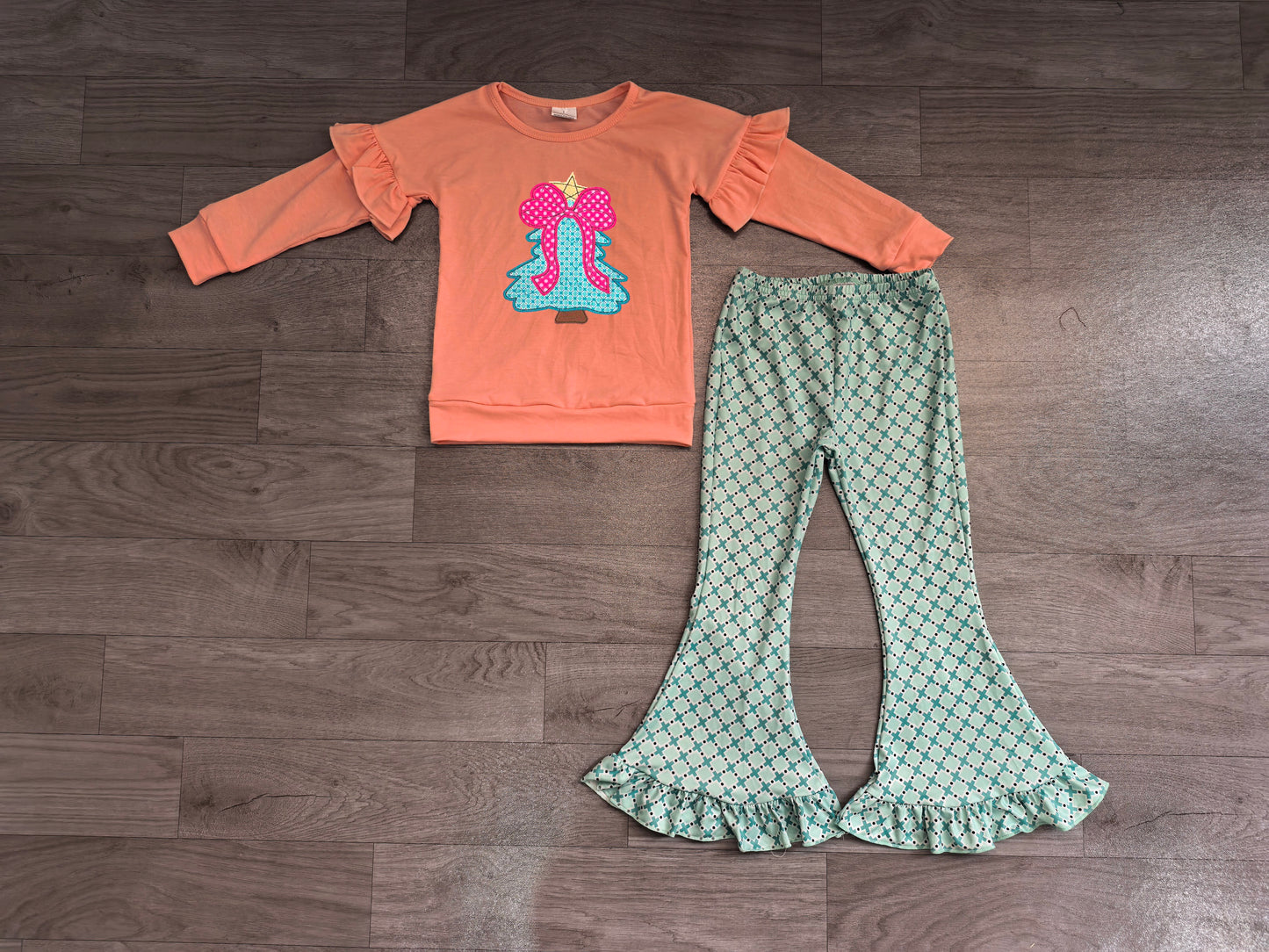 Christmas tree bow ruffle top pants kids girls outfits