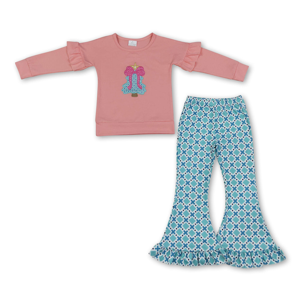 Christmas tree bow ruffle top pants kids girls outfits