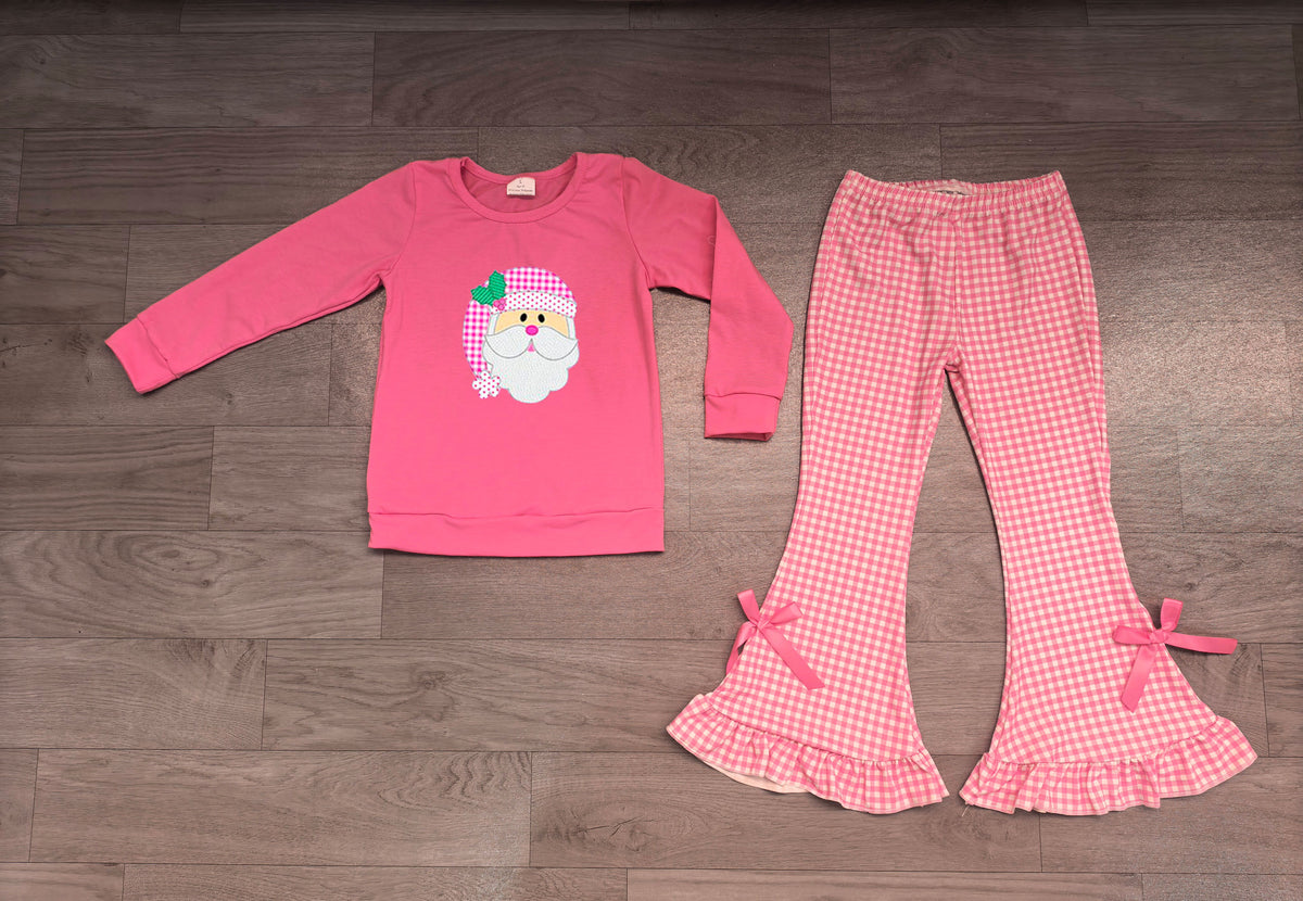 Santa embroidery top ruffle pants girls Christmas outfit