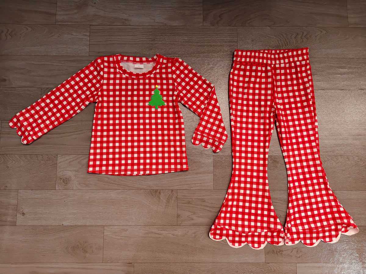 Plaid Christmas tree embroidery scallop girls outfits