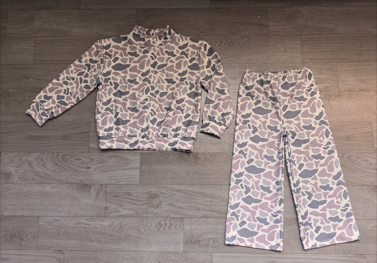 Grey camo mock neck top pants kids girls outfits