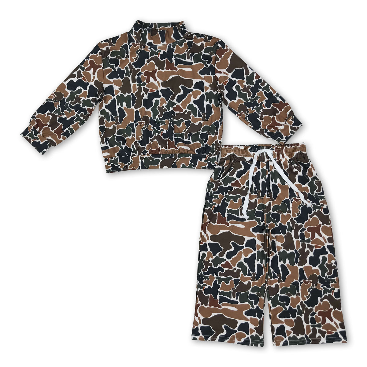 Brown camo long sleeves top pants girls active wear set