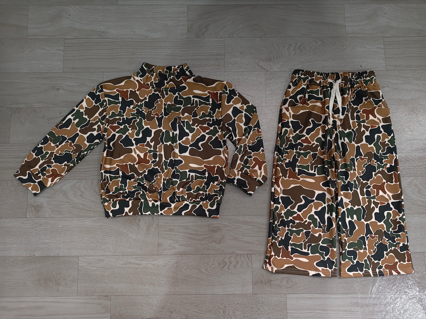 Brown camo long sleeves top pants girls active wear set
