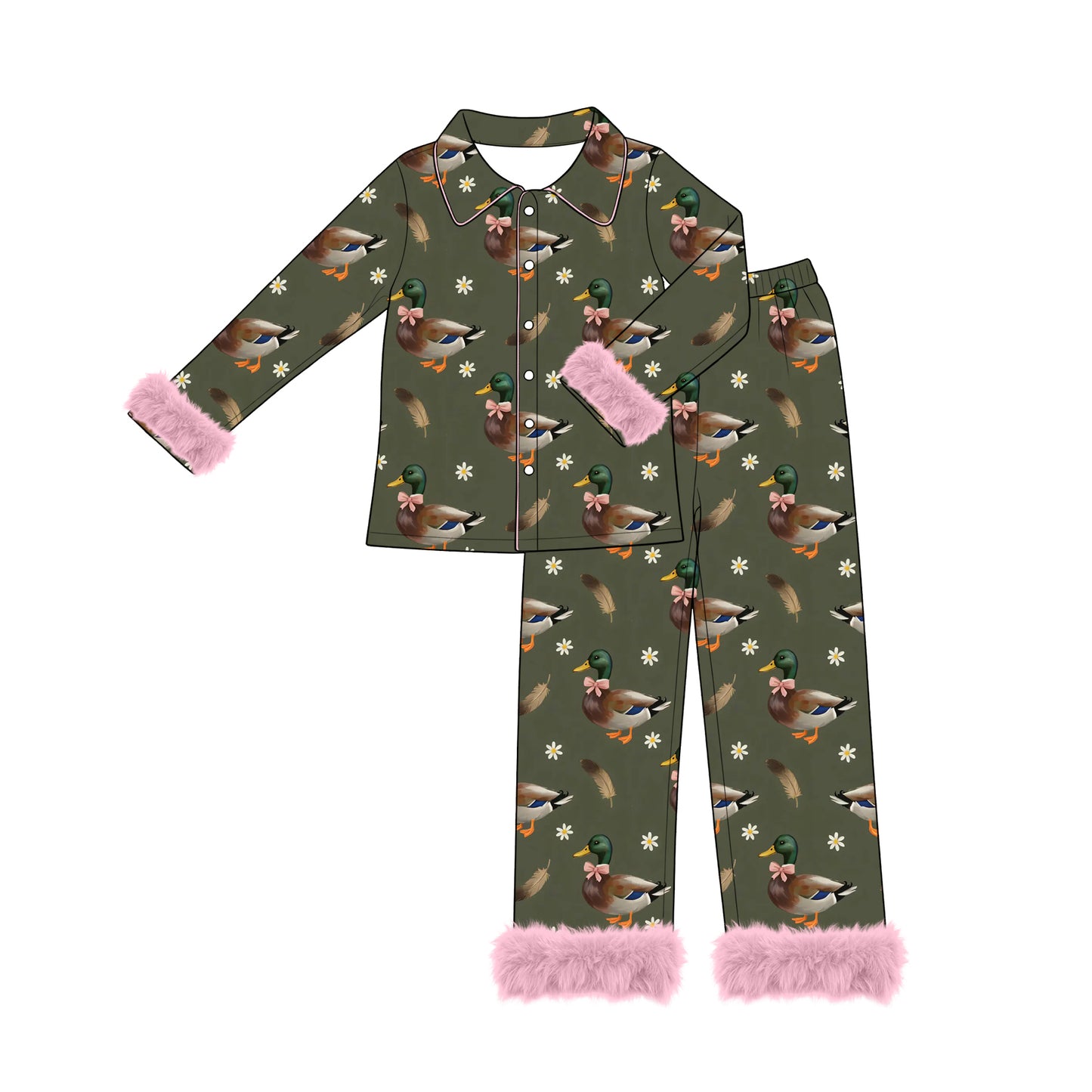 Fur long sleeves duck bow floral adult women pajamas