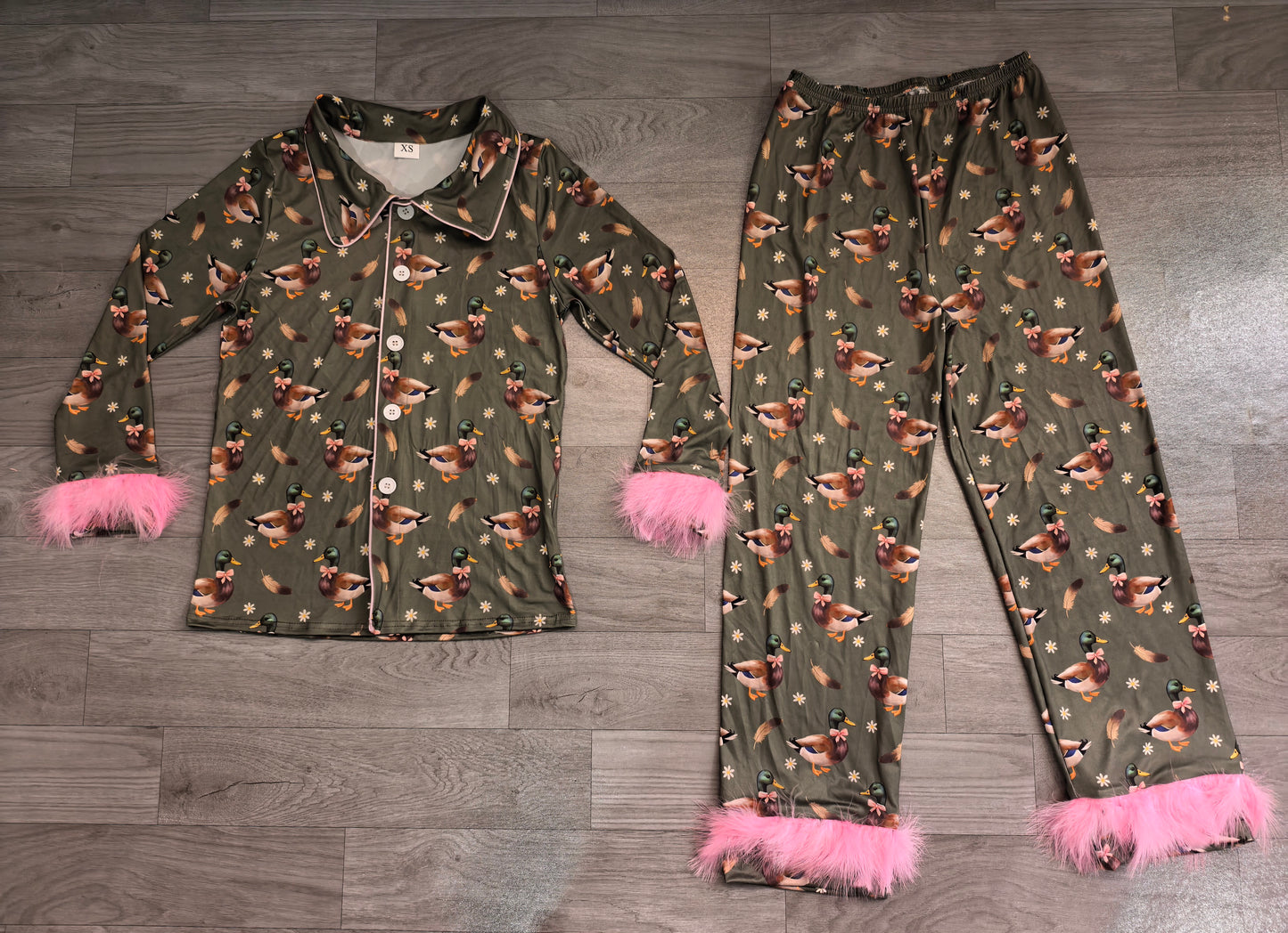 Fur long sleeves duck bow floral adult women pajamas