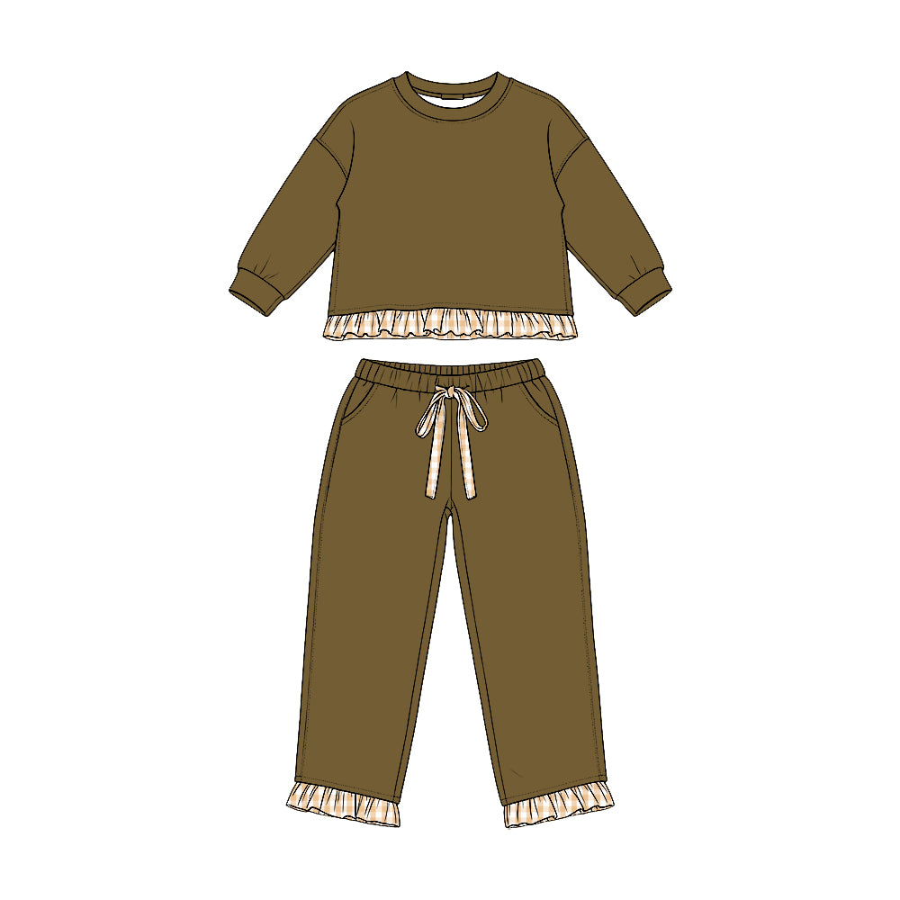 Long sleeves olive plaid ruffle top pants girls sweatshirt outfits