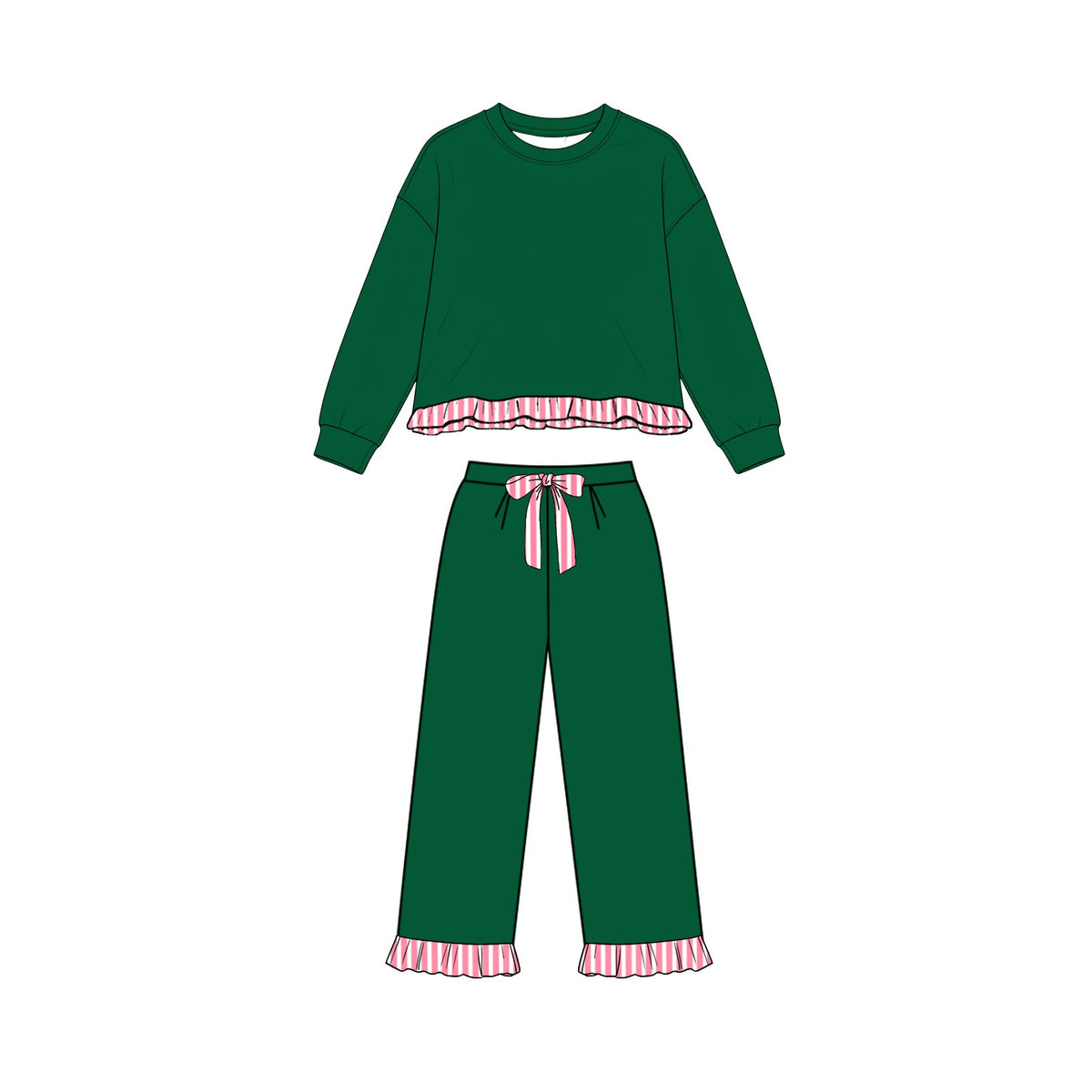 Long sleeves stripe ruffle green top pants girls sweatshirt outfits