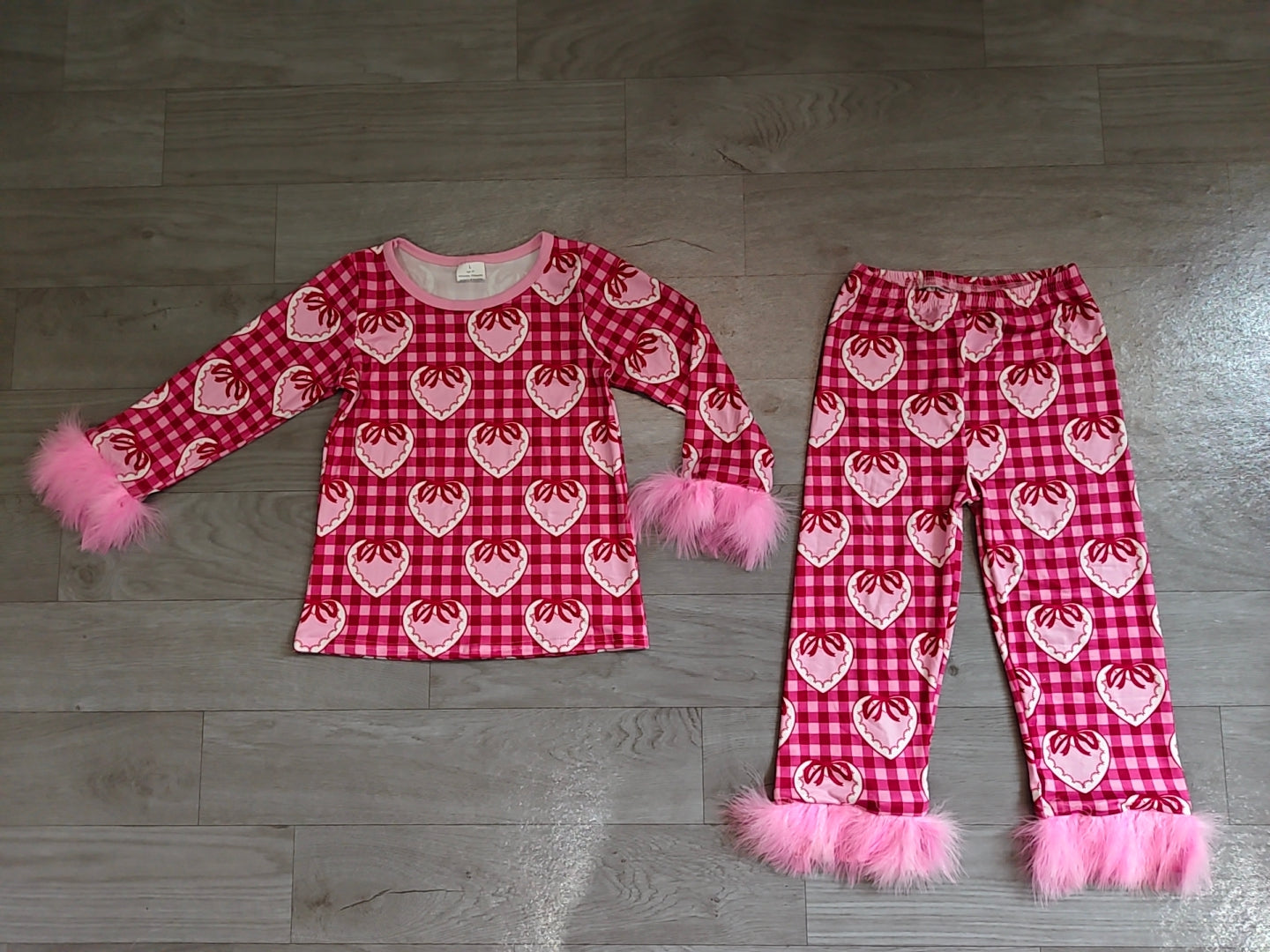 Fur sleeves plaid heart bow girls Valentine's pajamas
