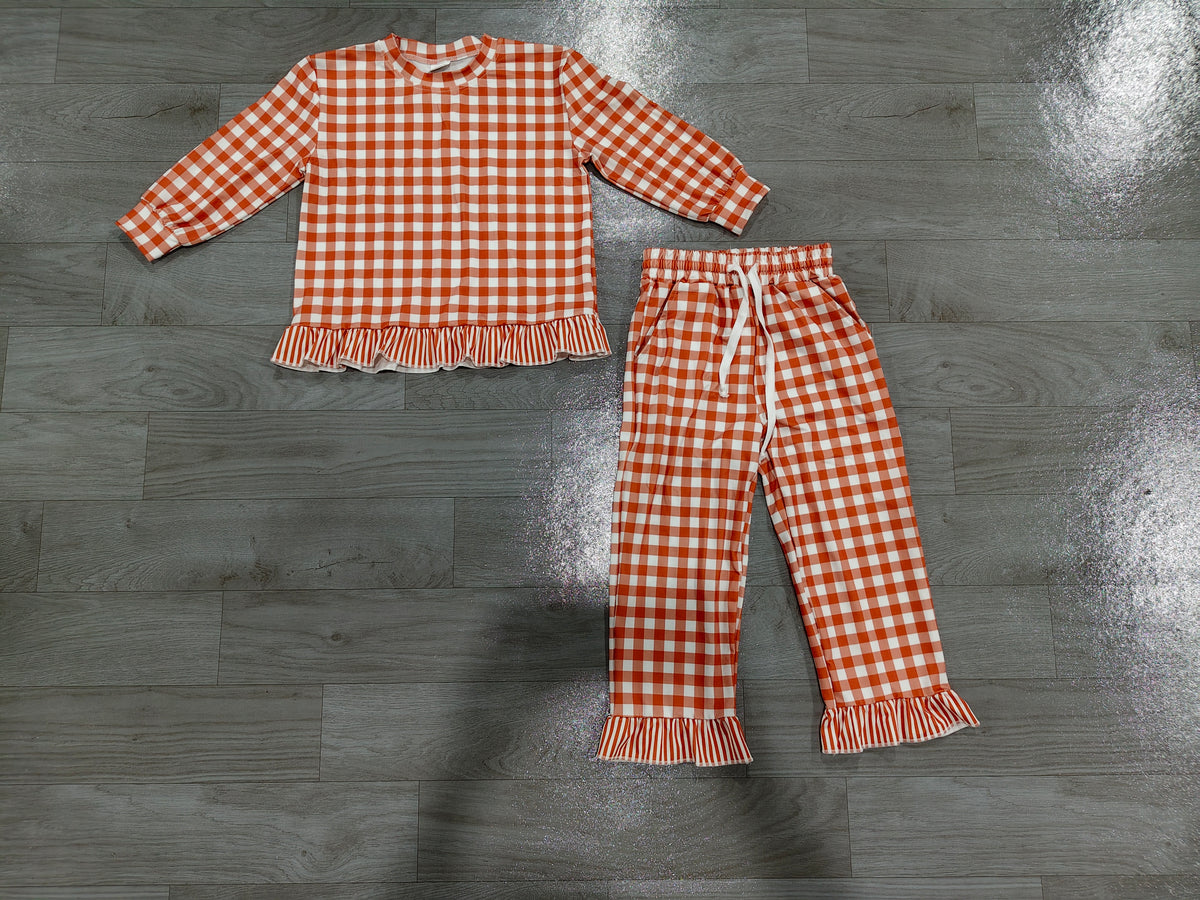 Long sleeves brown plaid ruffle girls fall outfits